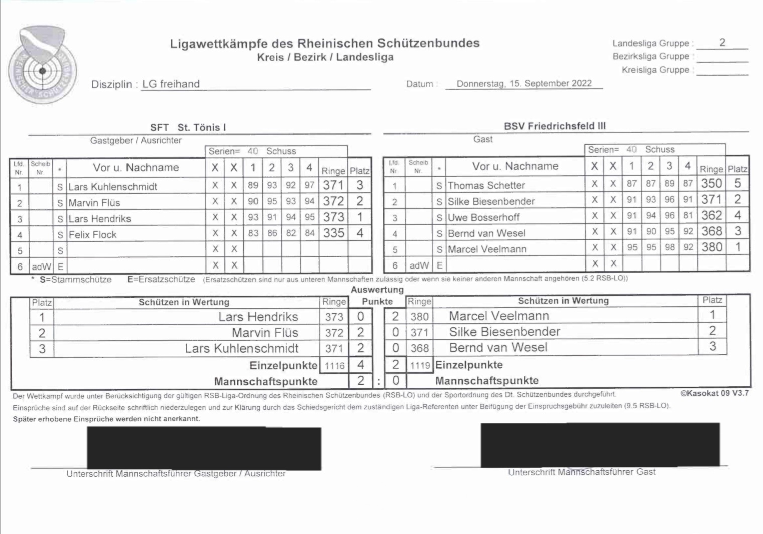 Ergebnisse 1. Wettkampf - Landesliga Luftgewehr